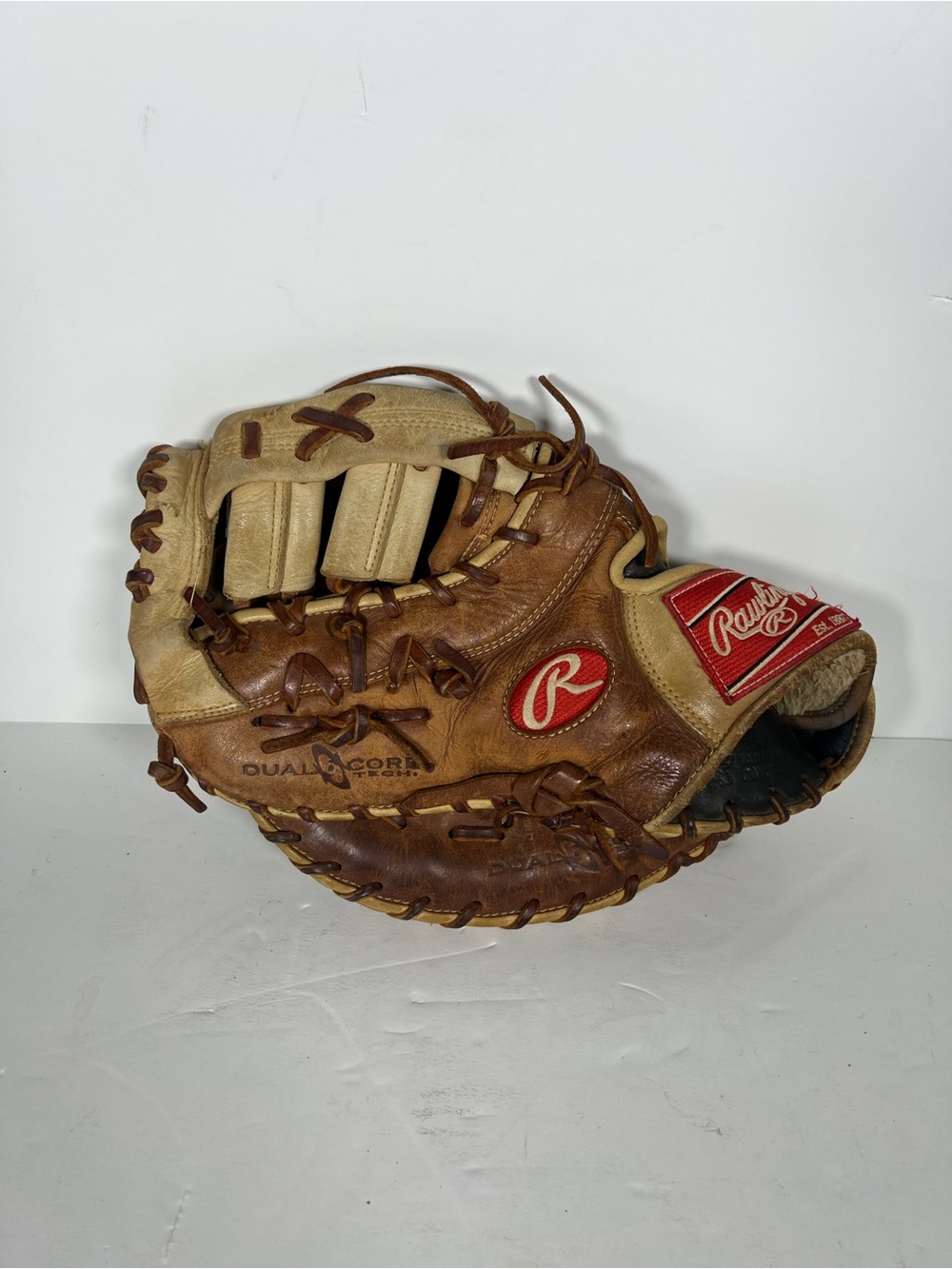 Rawlings Brown and Tan Leather Baseball Glove with Red Logo